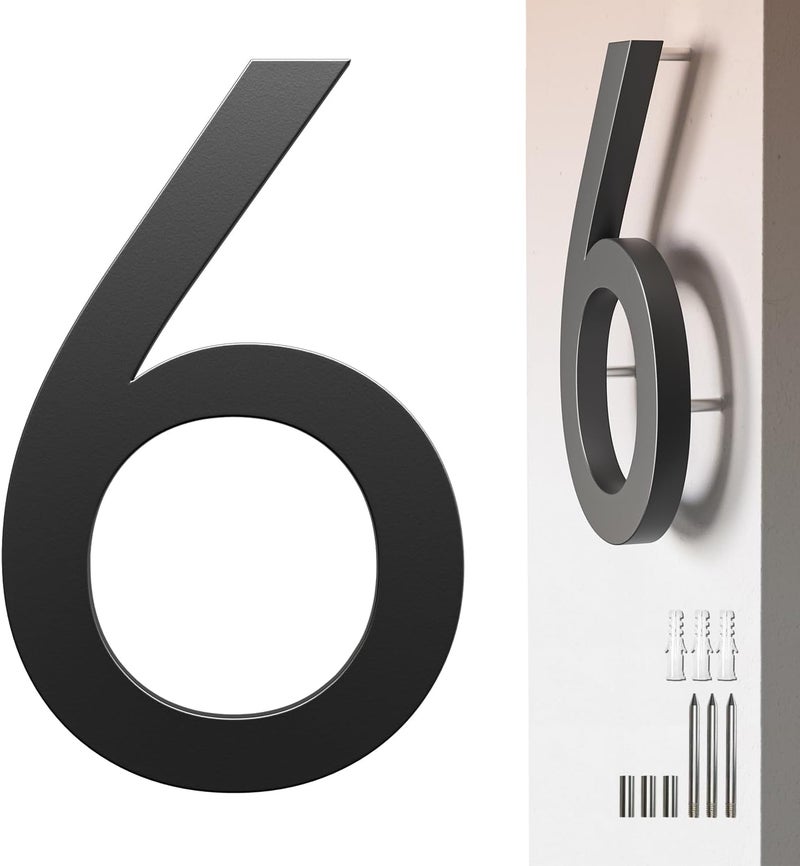 Etpon 7 Inch Black House Number 6 for Outside – Modern Floating Address Numbers, Weather-Resistant Metal, Easy to Install, Large Size, Stylish 3D Effect for Home, Office, and Street - Image 1